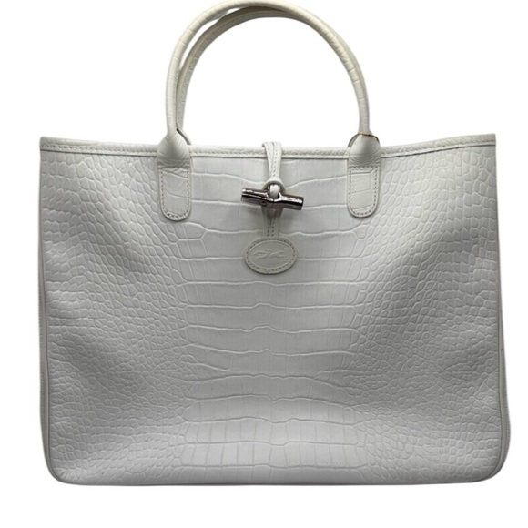 Long Champ Elegant White Crocodile-Embossed Tote Bag - Picture 2 of 9
